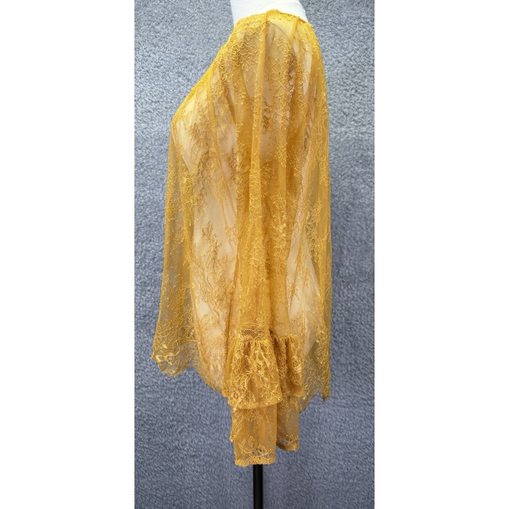Womens XL Yellow Floral Lace Top Sheer Ruffle Sleeve Peasant Boho Fairycore - Picture 3 of 9